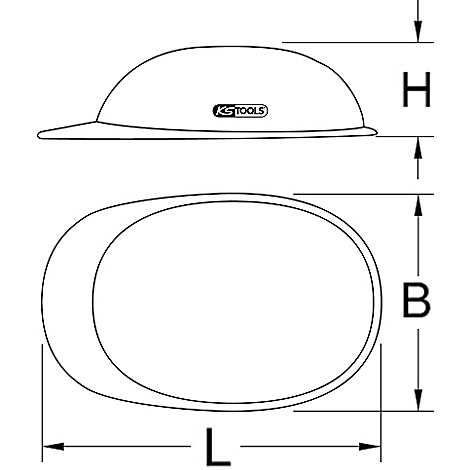 Dessin d'un casque de sécurité. Vue de côté avec dimensions : H, une vue de dessus ovale avec B et L. Avec logo : KS TOOLS.
